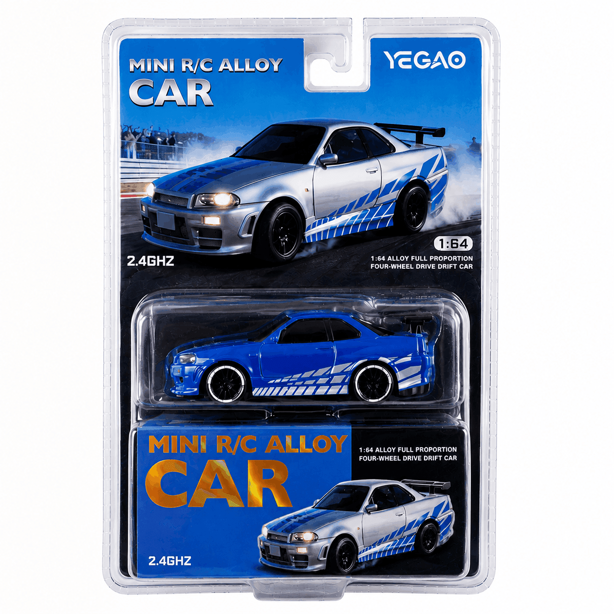 YEGAO 1:64 Scale Mini 4WD RC Drift Car | Nissan Skyline GT-R (R34) Blue Color
