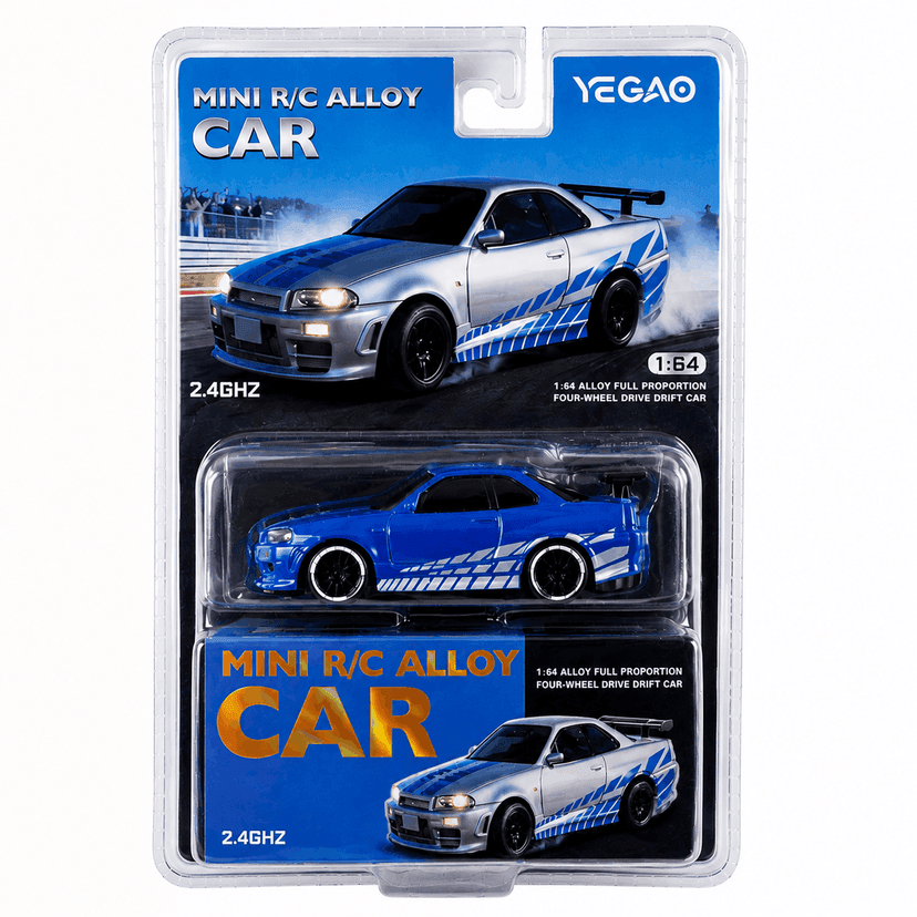 YEGAO 1:64 Scale Mini 4WD RC Drift Car | Nissan Skyline GT-R (R34) Blue Color